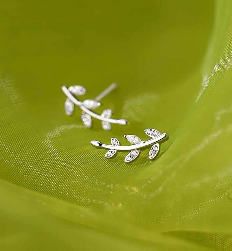 Reffeer Solid 925 Sterling Silver Leaf Crawler Stud Earrings for Women Teen Girls Crystal Leaf Stud Earrings - Image 4